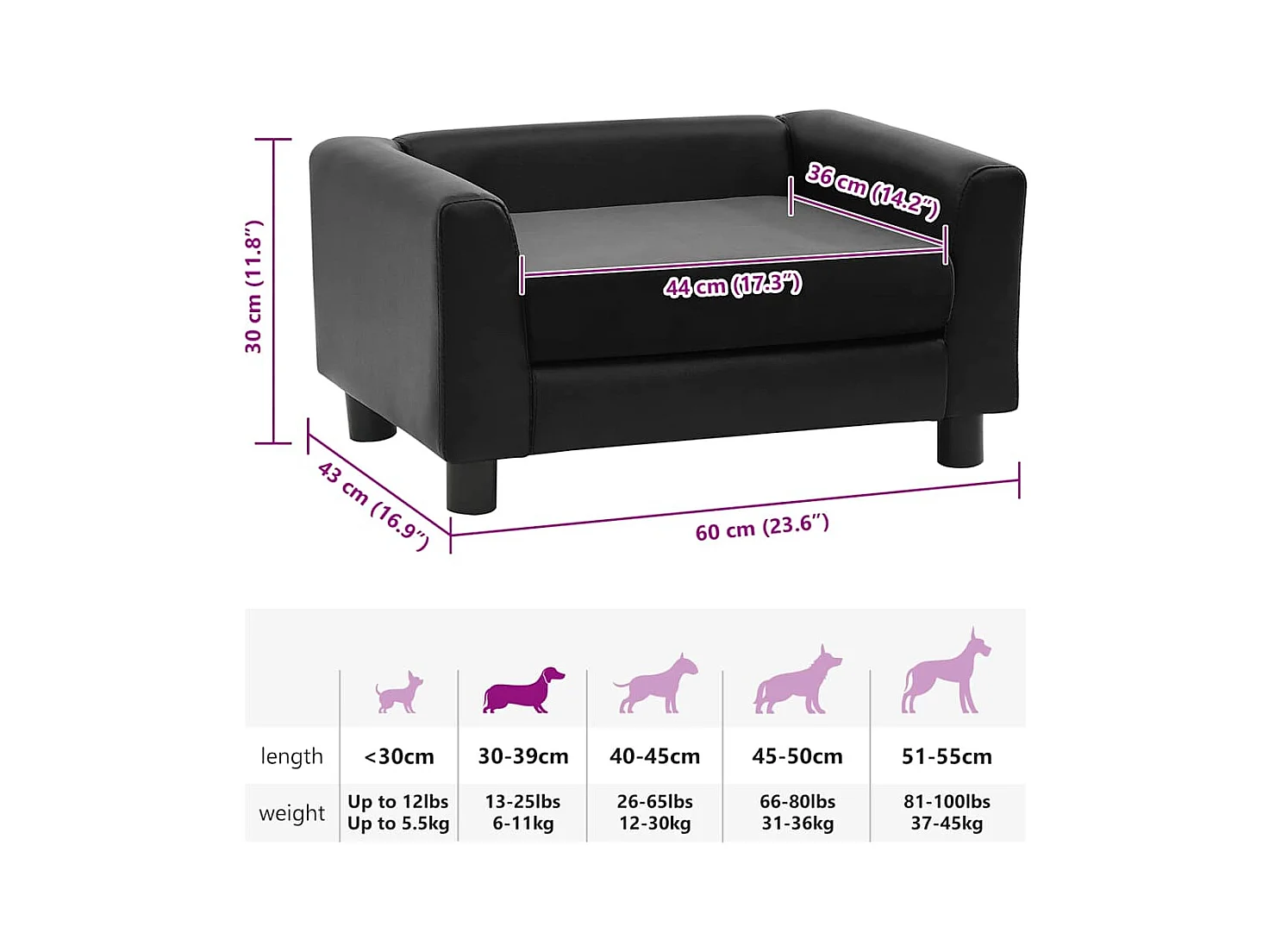 Canapé pour chien Noir 60x43x30 cm Peluche et similicuir