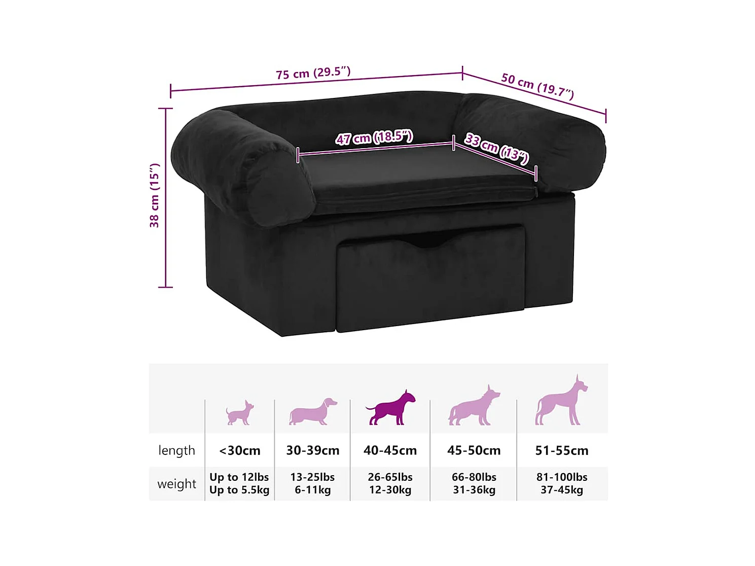 Canapé pour chien avec tiroir Noir 75x50x38 cm Peluche