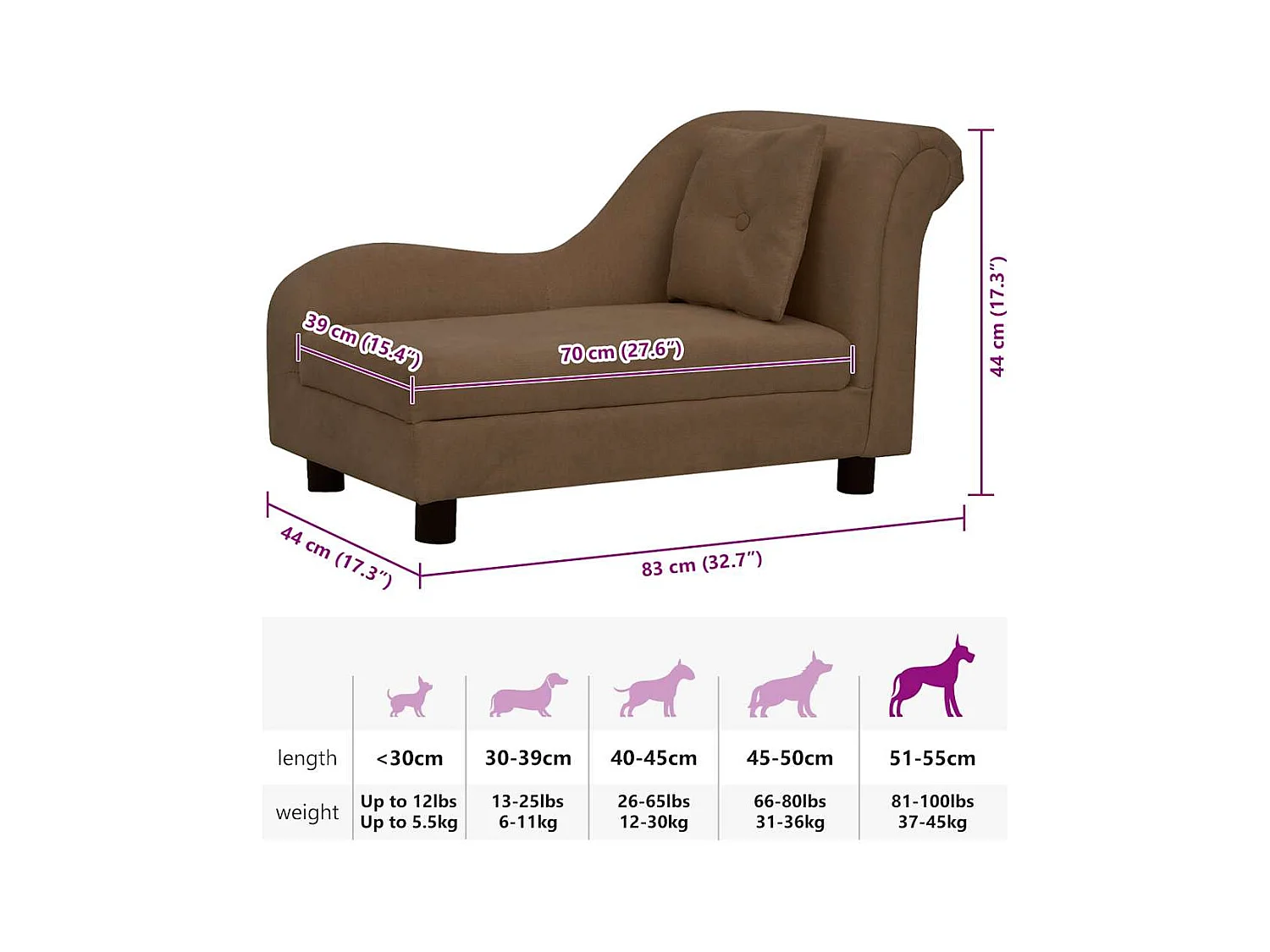 Canapé pour chien avec oreiller Marron 83x44x44 cm Peluche