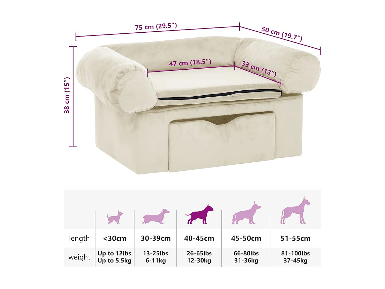 Canapé pour chien avec tiroir Crème 75x50x38 cm Peluche