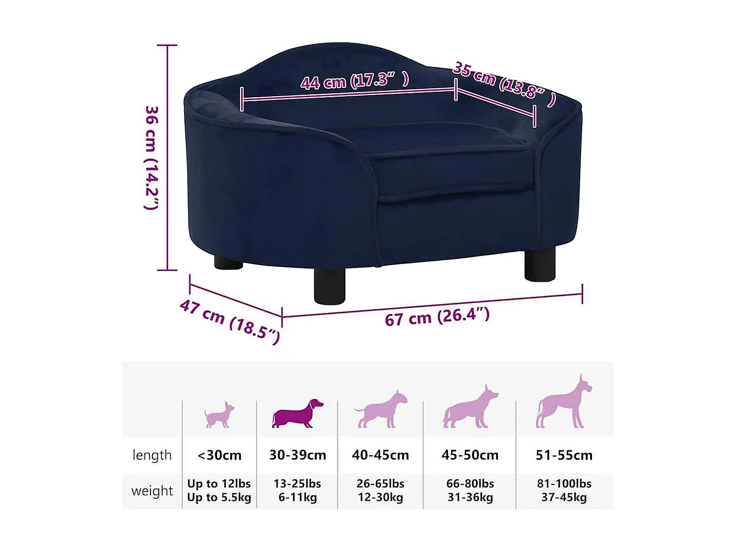 Sofá para perros felpa azul 67x47x36 cm