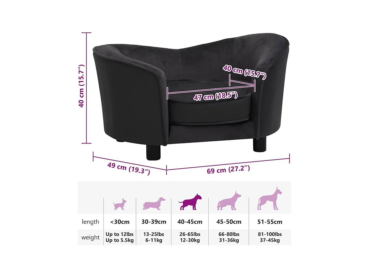 Canapé pour chien Noir 69x49x40 cm Peluche et similicuir