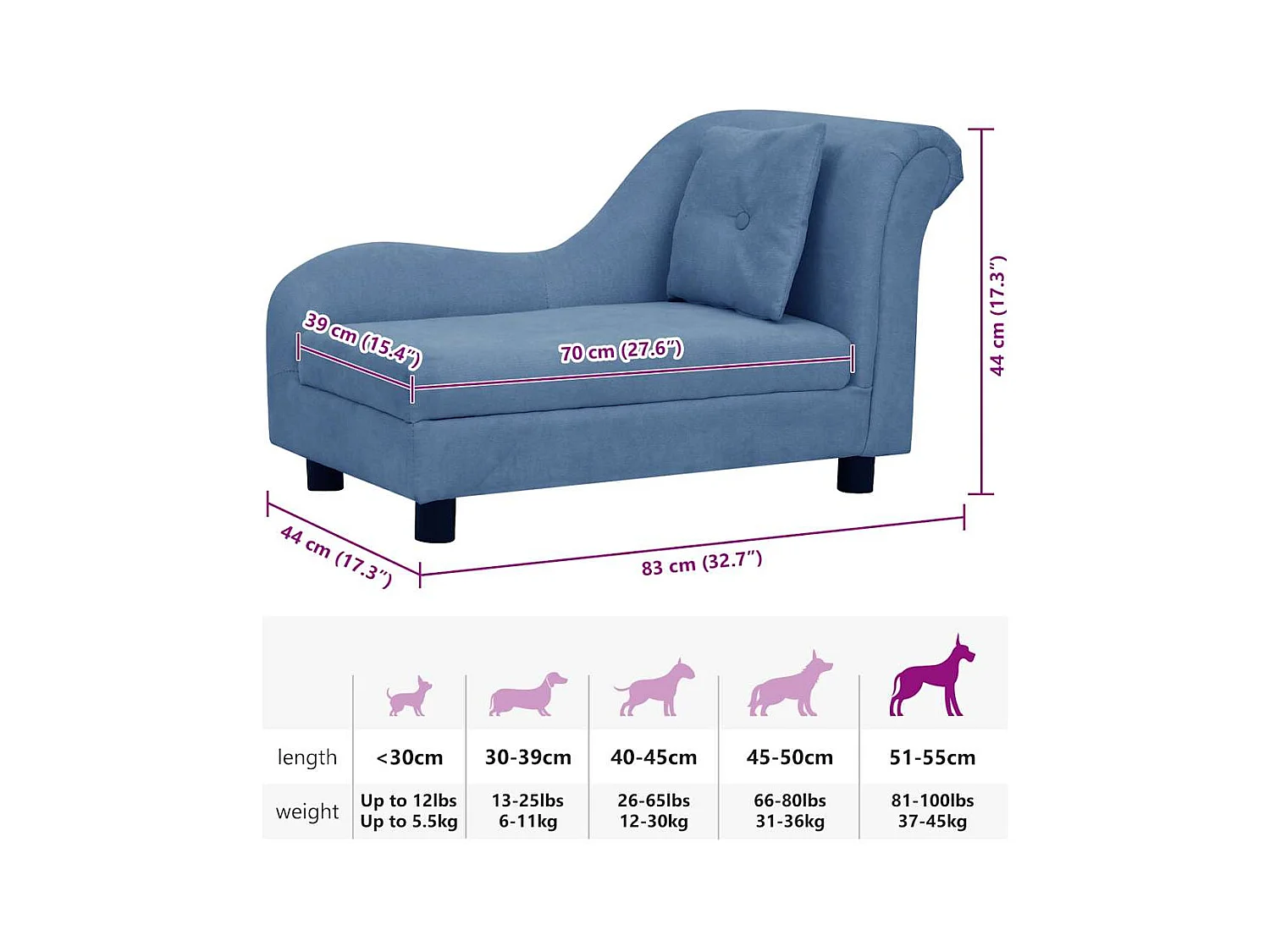 Canapé pour chien avec oreiller Bleu 83x44x44 cm Peluche