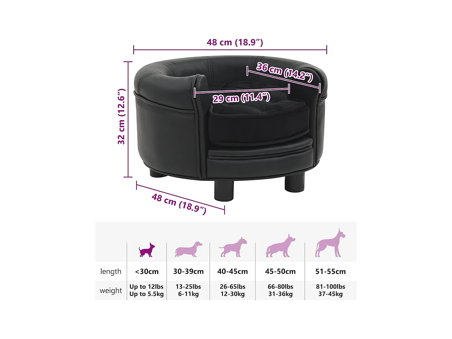 Canapé pour chien Noir 48x48x32 cm Peluche et similicuir