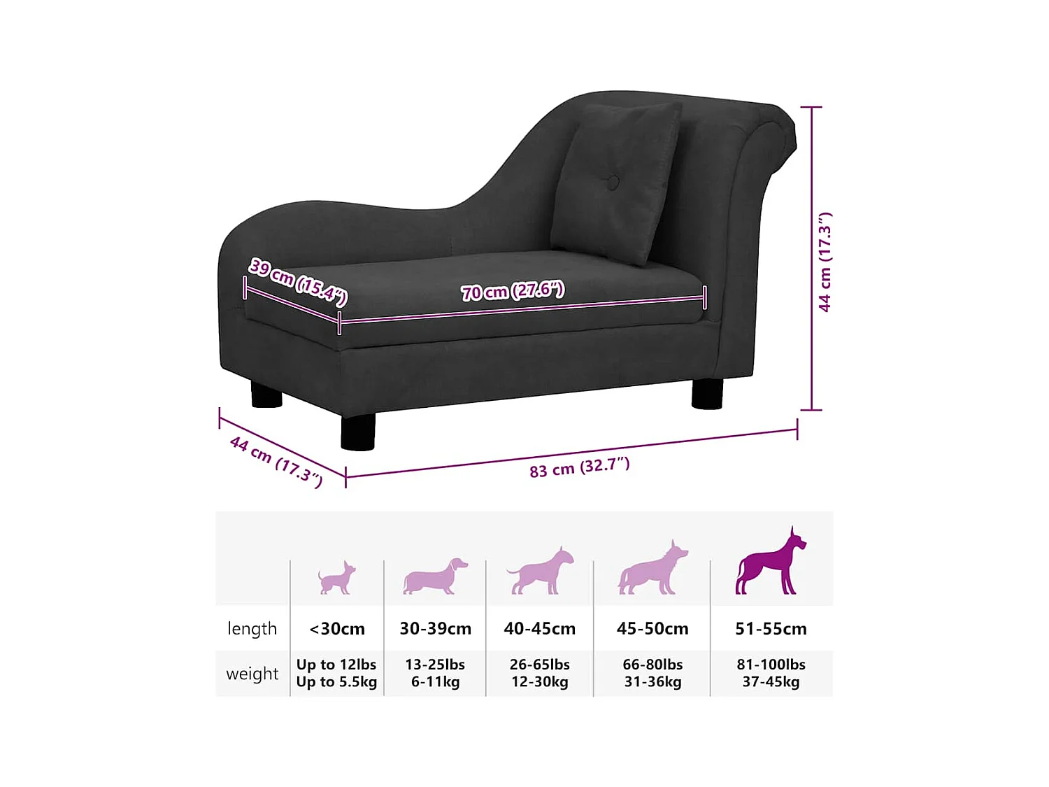 Canapé pour chien avec oreiller Noir 83x44x44 cm Peluche