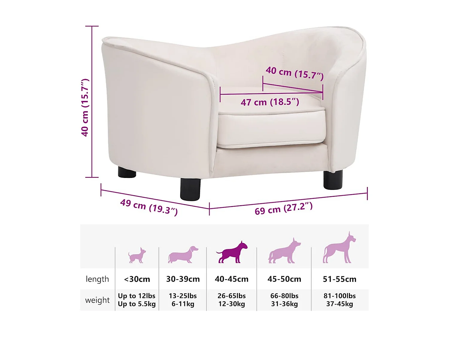 Canapé pour chien Crème 69x49x40 cm Peluche et similicuir