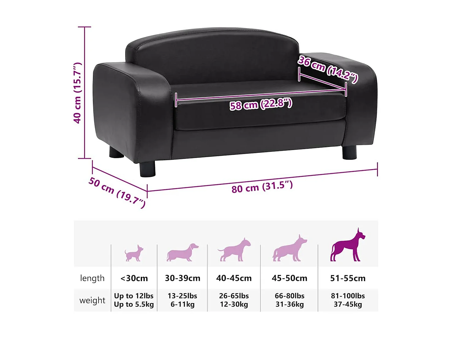 Sofá para perros cuero sintético negro 80x50x40 cm