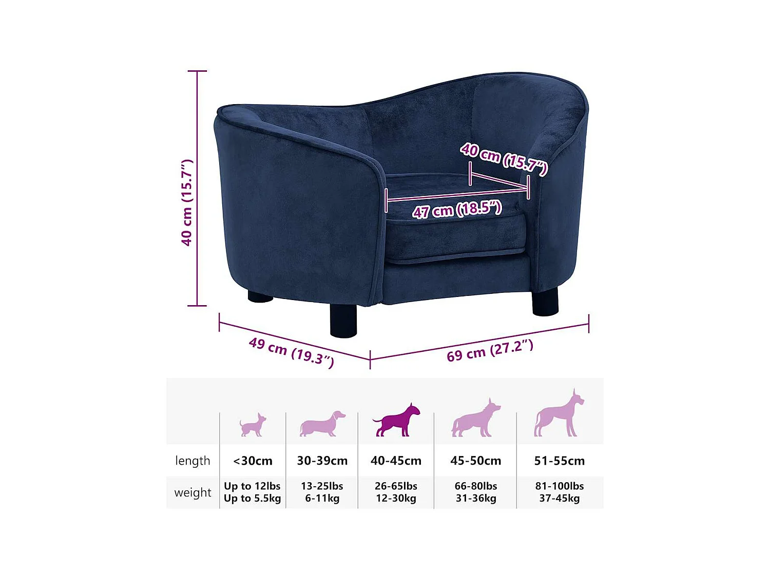 Canapé pour chien Bleu 69x49x40 cm Peluche