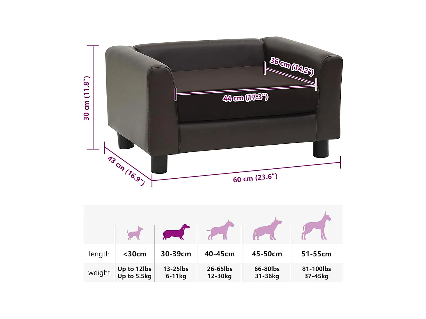 Canapé pour chien Marron 60x43x30 cm Peluche et similicuir