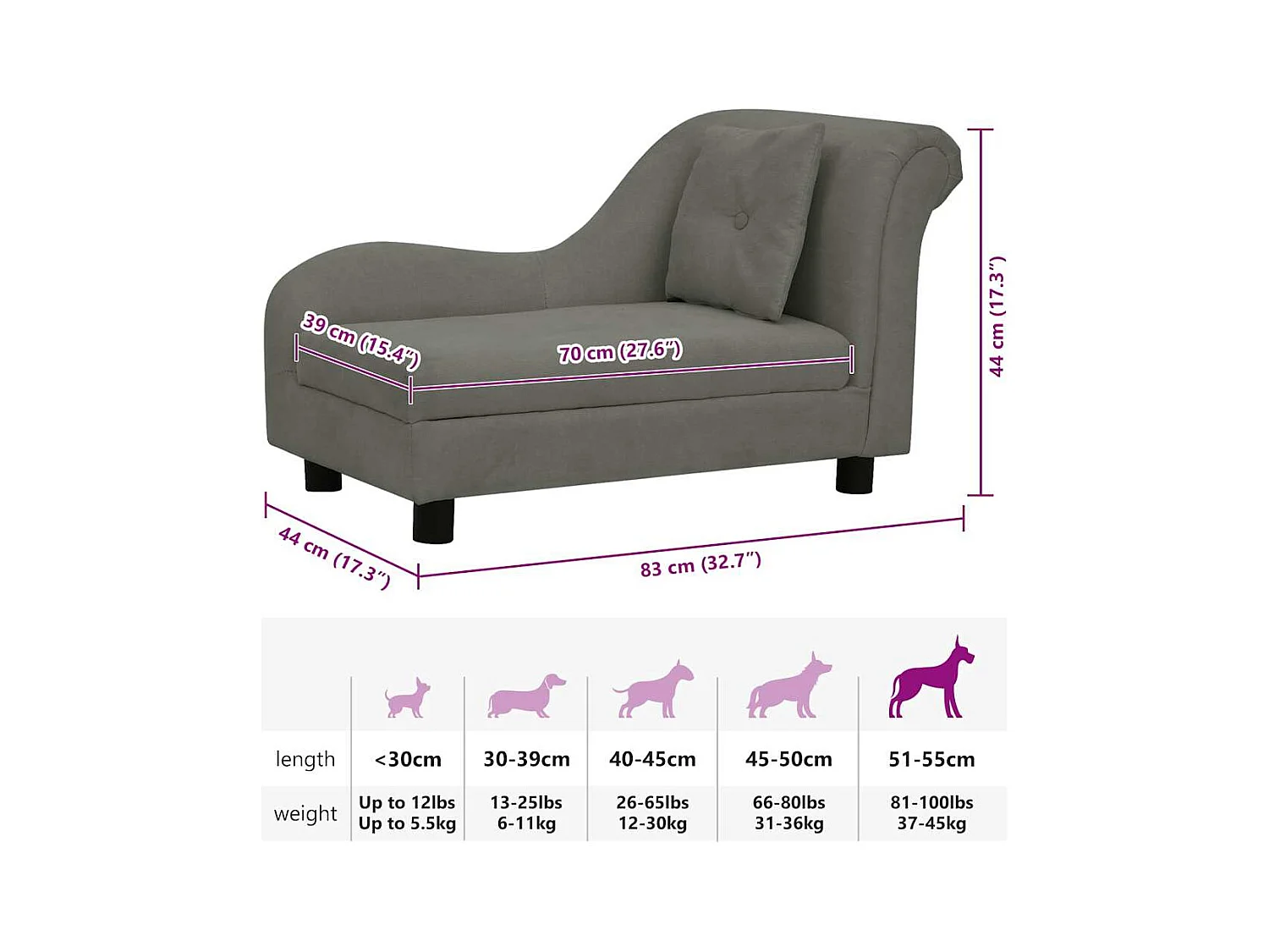 Canapé pour chien avec oreiller Gris foncé 83x44x44 cm Peluche