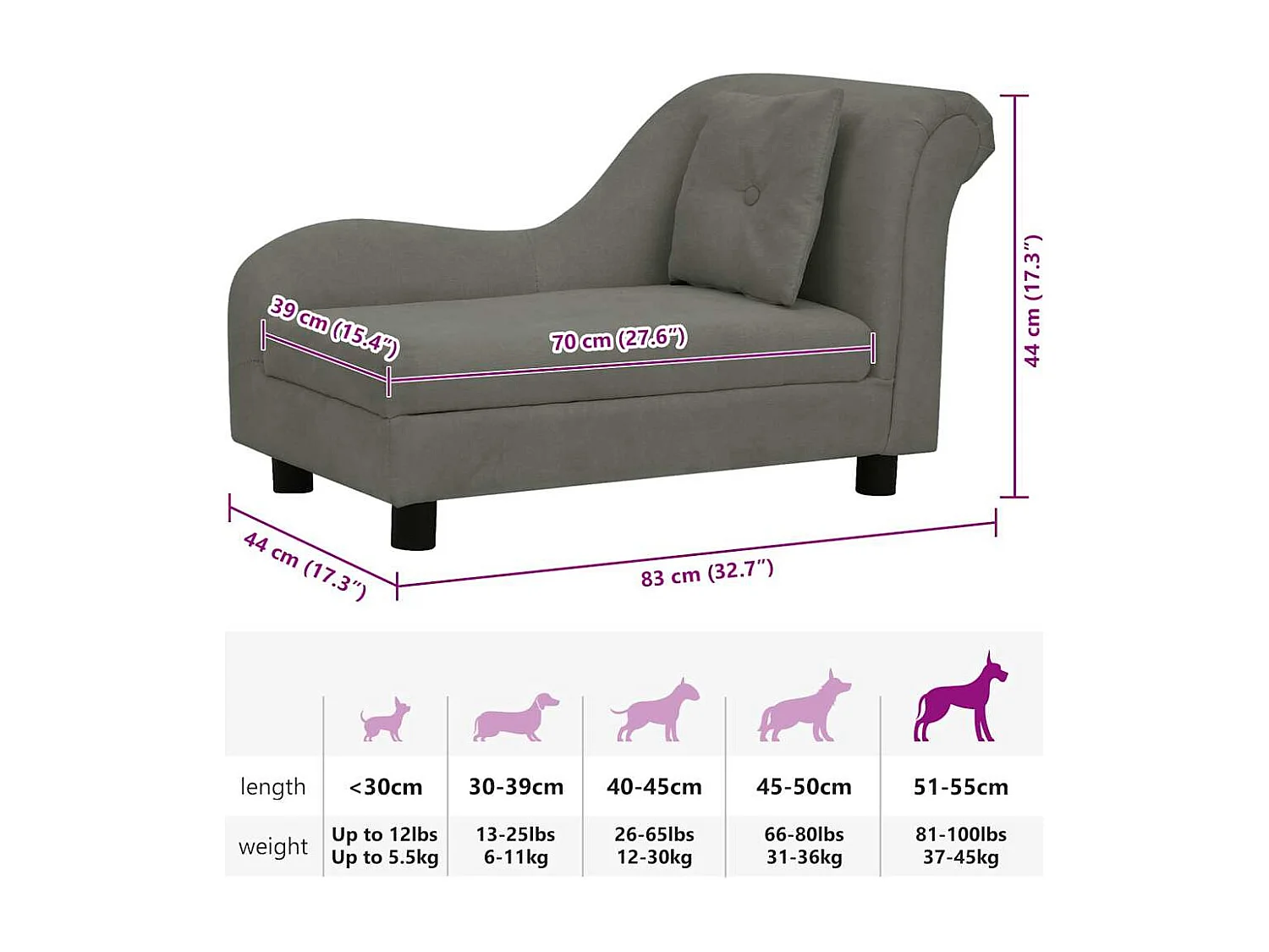 Sofá para perros con almohada gris oscuro felpa 83x44x44 cm