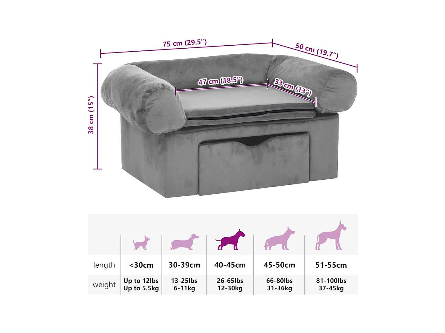 Canapé pour chien avec tiroir Gris 75x50x38 cm Peluche