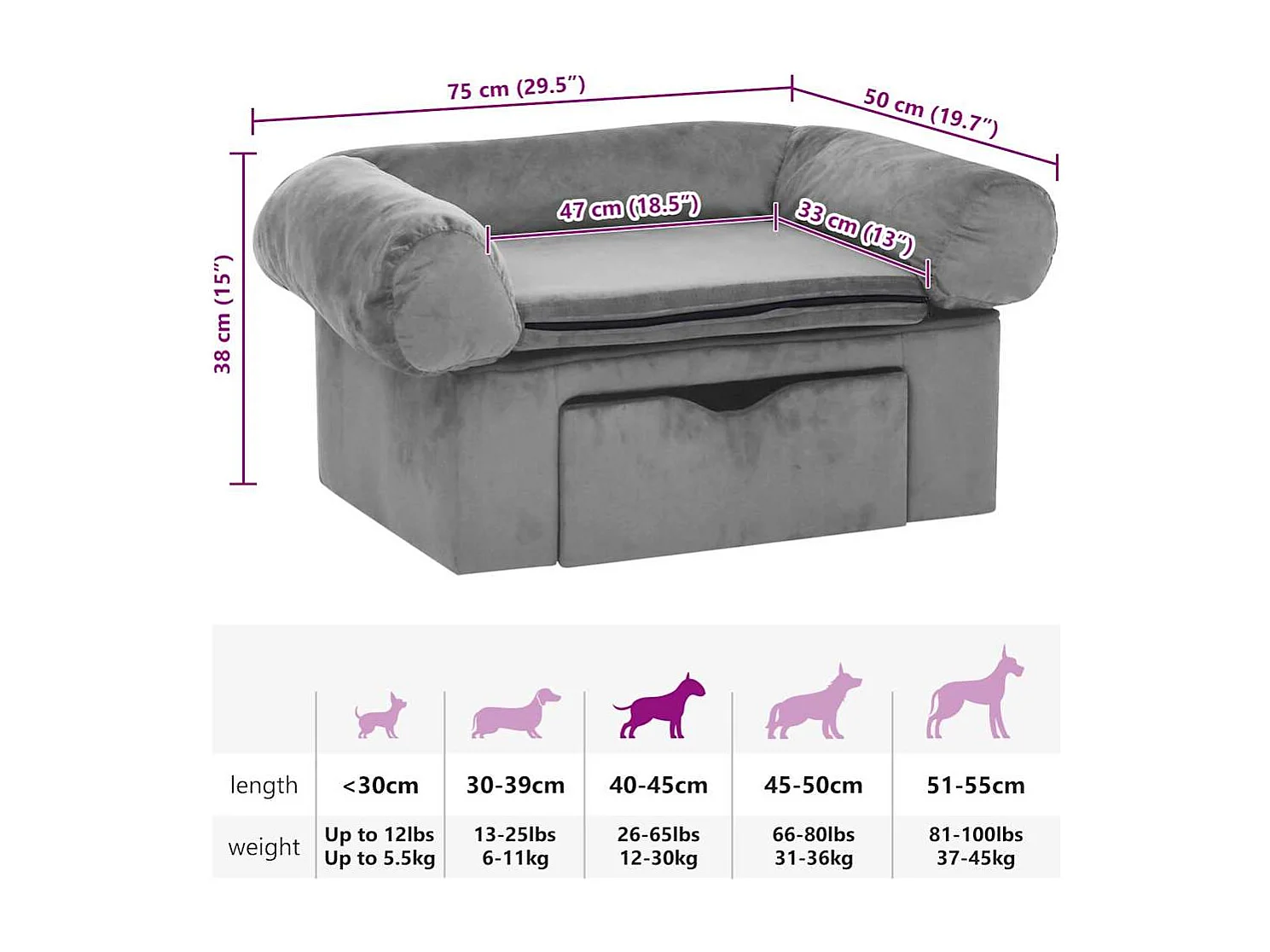 Sofá para perros con cajón felpa gris 75x50x38 cm