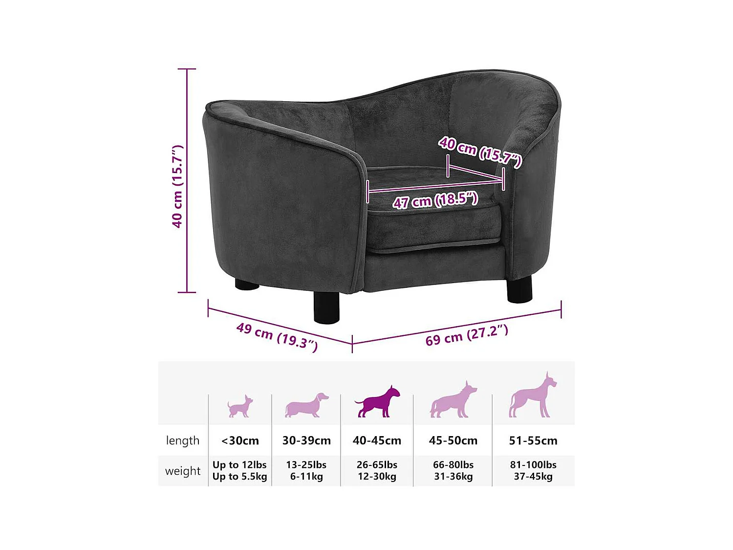 Canapé pour chien Gris foncé 69x49x40 cm Peluche