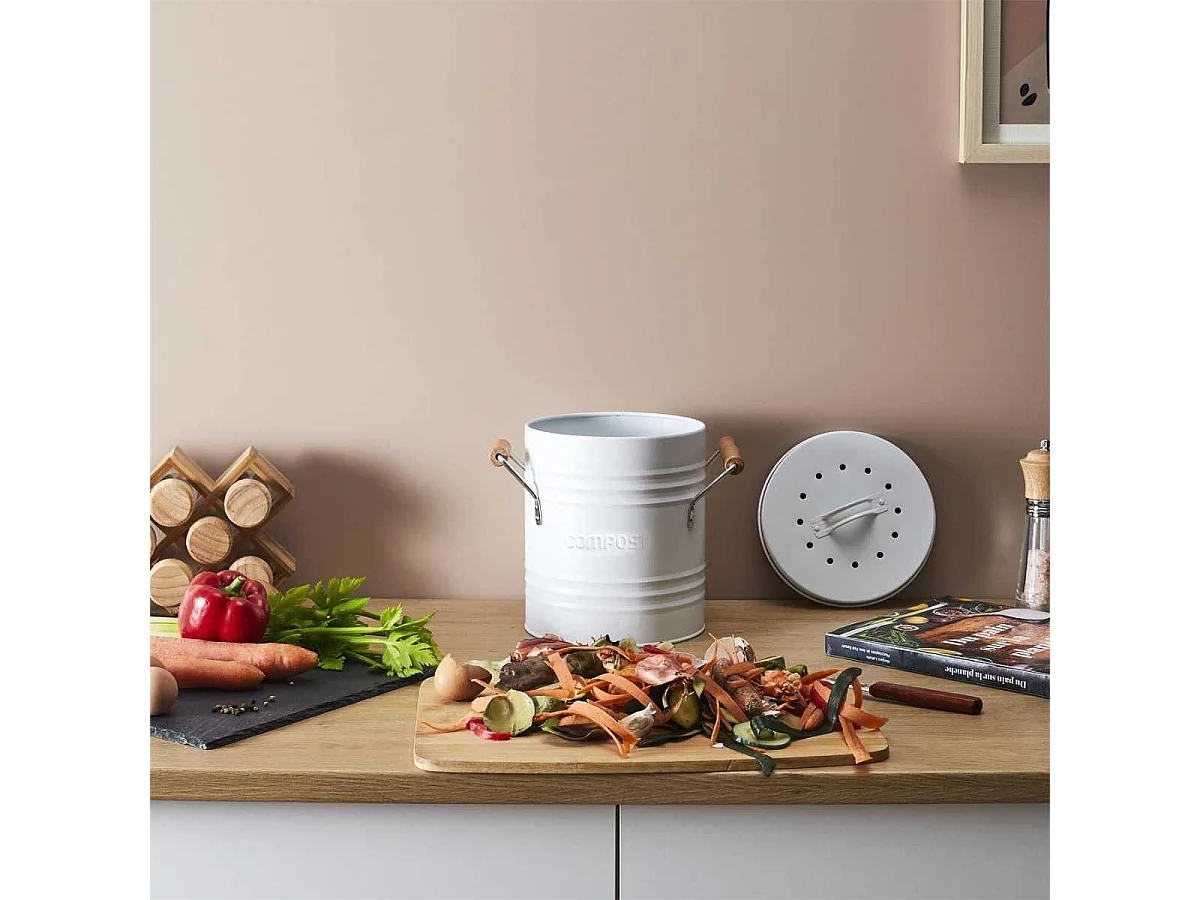 Poubelle à Compost 4L Métal avec Couvercle et Poignées en Bois - ISIRO