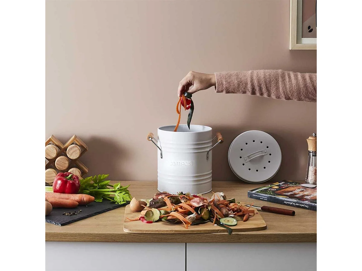 Poubelle à Compost 4L Métal avec Couvercle et Poignées en Bois - ISIRO