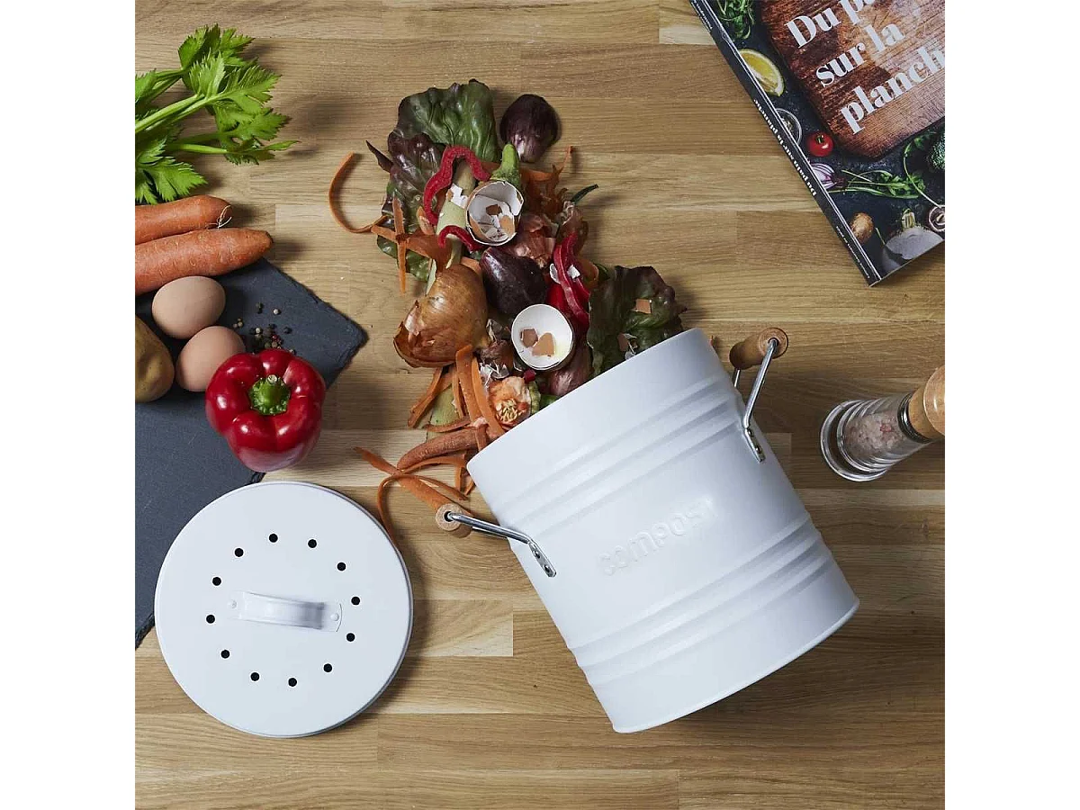 Poubelle à Compost 4L Métal avec Couvercle et Poignées en Bois - ISIRO