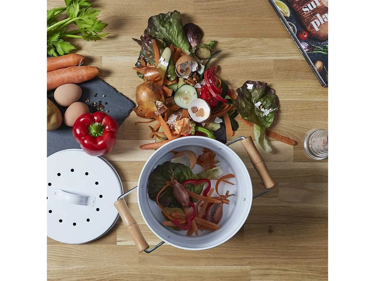 Poubelle à Compost 4L Métal avec Couvercle et Poignées en Bois - ISIRO