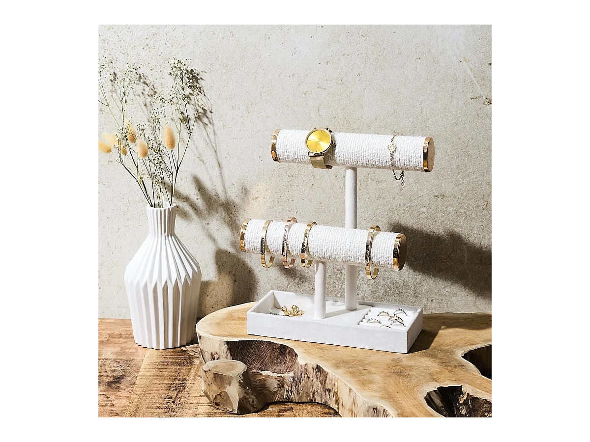 Porte-bijoux double en bouclette ivoire avec finitions dorées