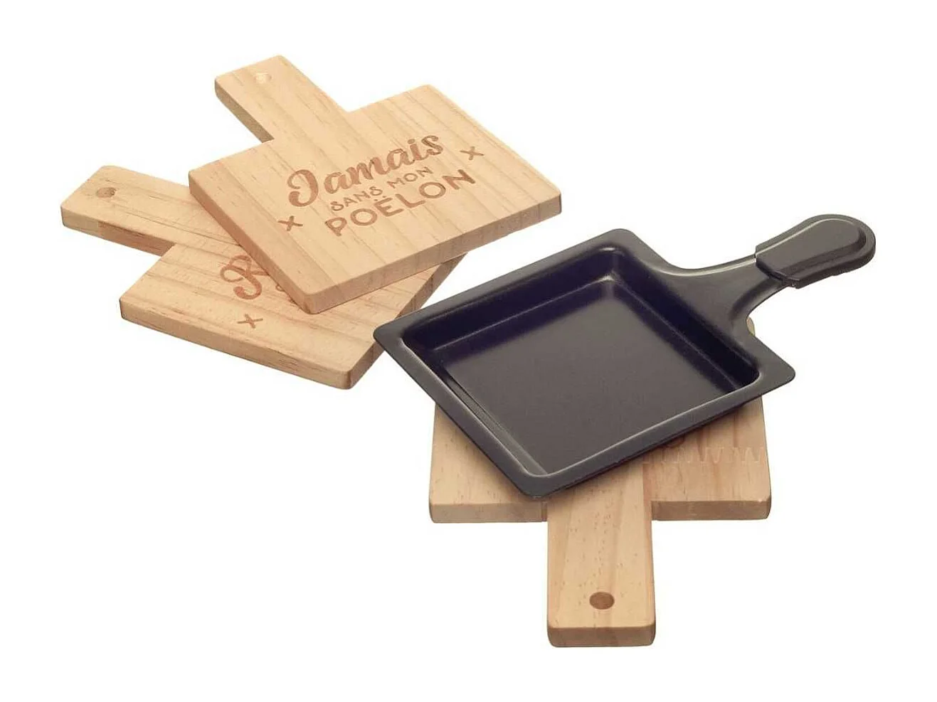 Pack de 4 repose-poelons à raclette en bois gravés