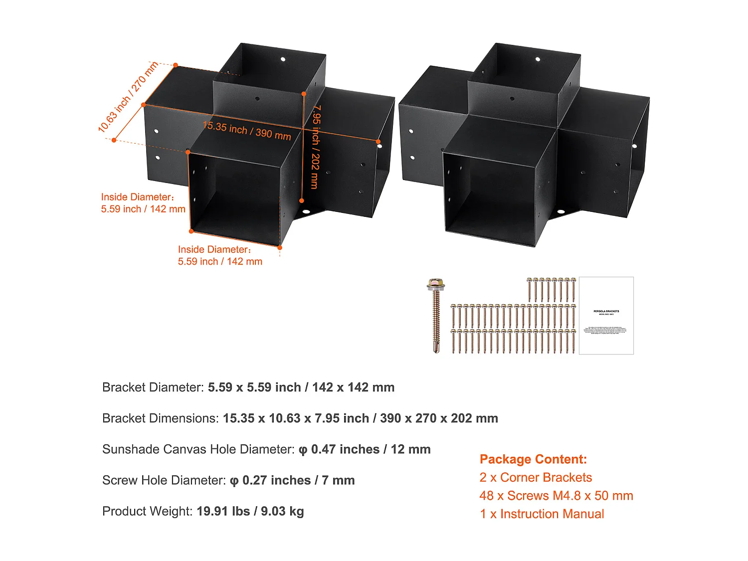Kit de Supports de Pergola SucceBuy 15.24x15.24 cm 4 Voies Intérieures 14.2x14.2 cm 2 Pièces