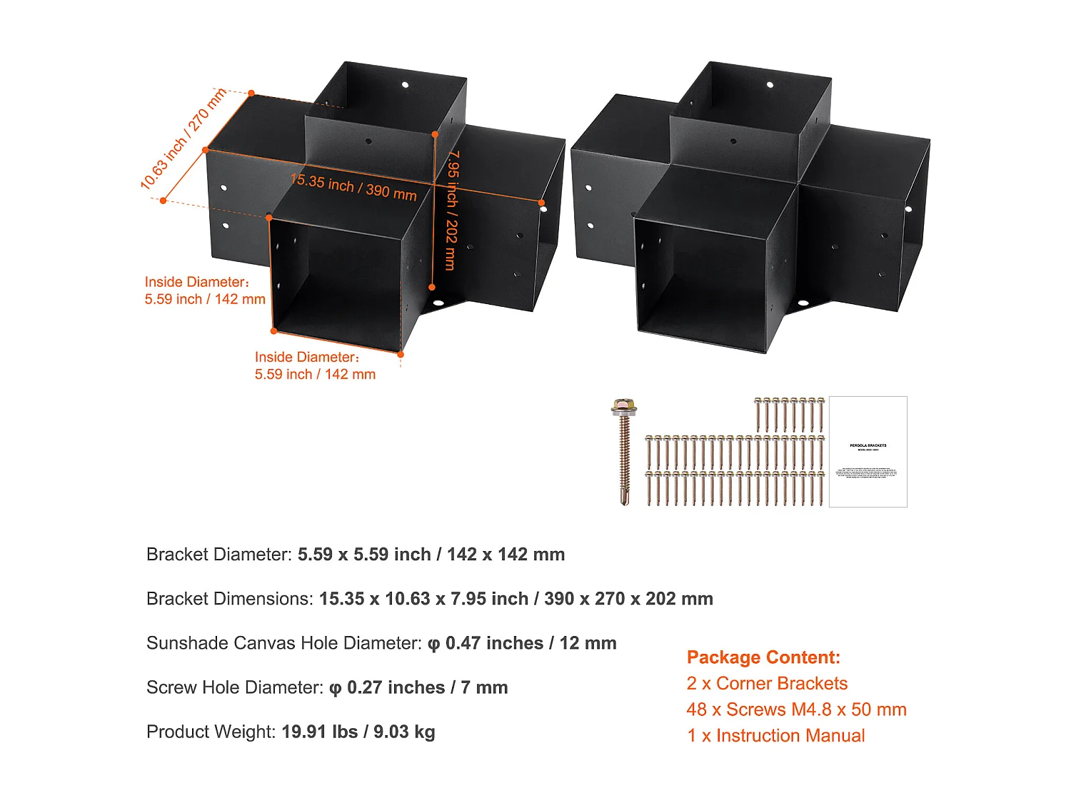 Kit de Supports de Pergola SucceBuy 15.24x15.24 cm 4 Voies Intérieures 14.2x14.2 cm 2 Pièces