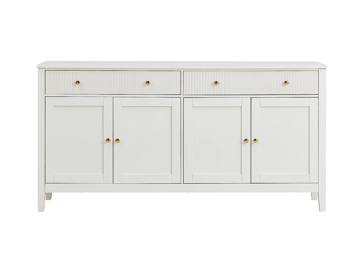 Credenza bianca con 2 cassetti e 4 ante, maniglie dorate, frontali dei cassetti verticali