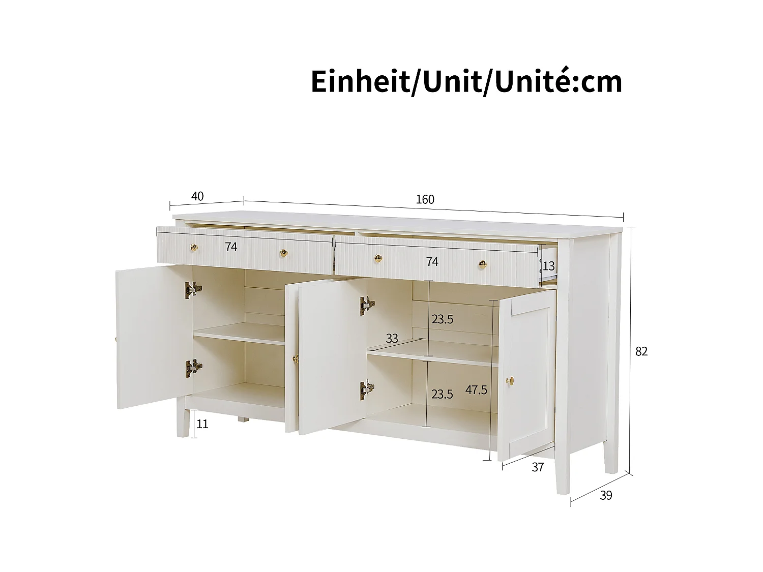 Credenza bianca con 2 cassetti e 4 ante, maniglie dorate, frontali dei cassetti verticali