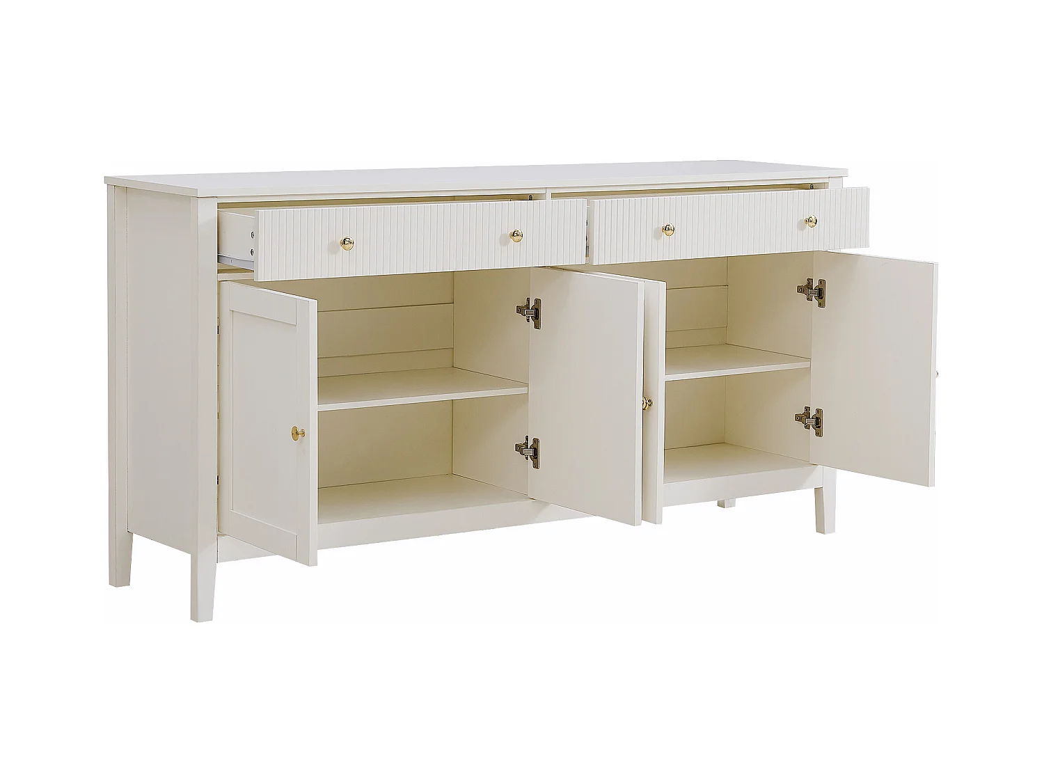 Credenza bianca con 2 cassetti e 4 ante, maniglie dorate, frontali dei cassetti verticali