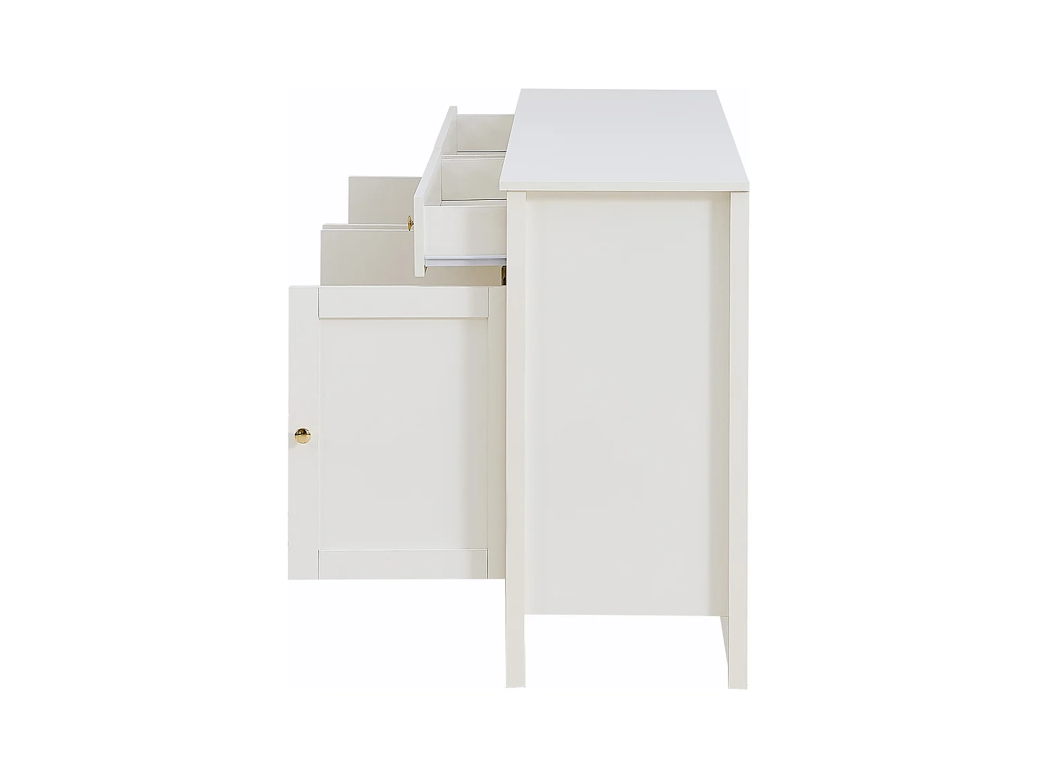 Credenza bianca con 2 cassetti e 4 ante, maniglie dorate, frontali dei cassetti verticali