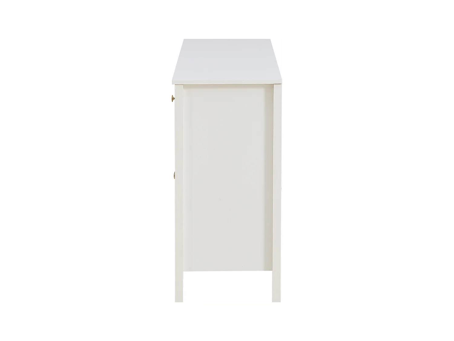 Credenza bianca con 2 cassetti e 4 ante, maniglie dorate, frontali dei cassetti verticali