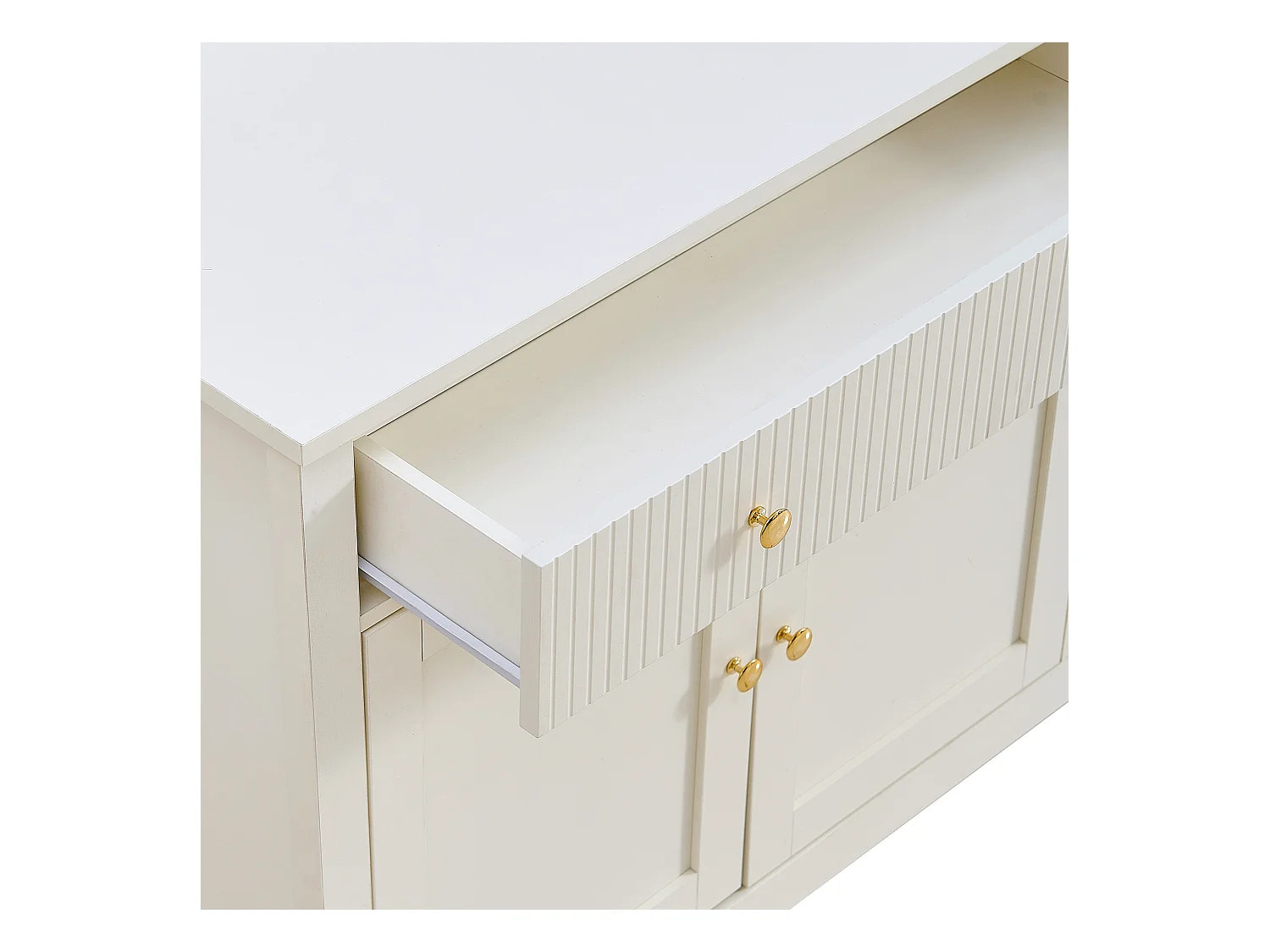 Credenza bianca con 2 cassetti e 4 ante, maniglie dorate, frontali dei cassetti verticali