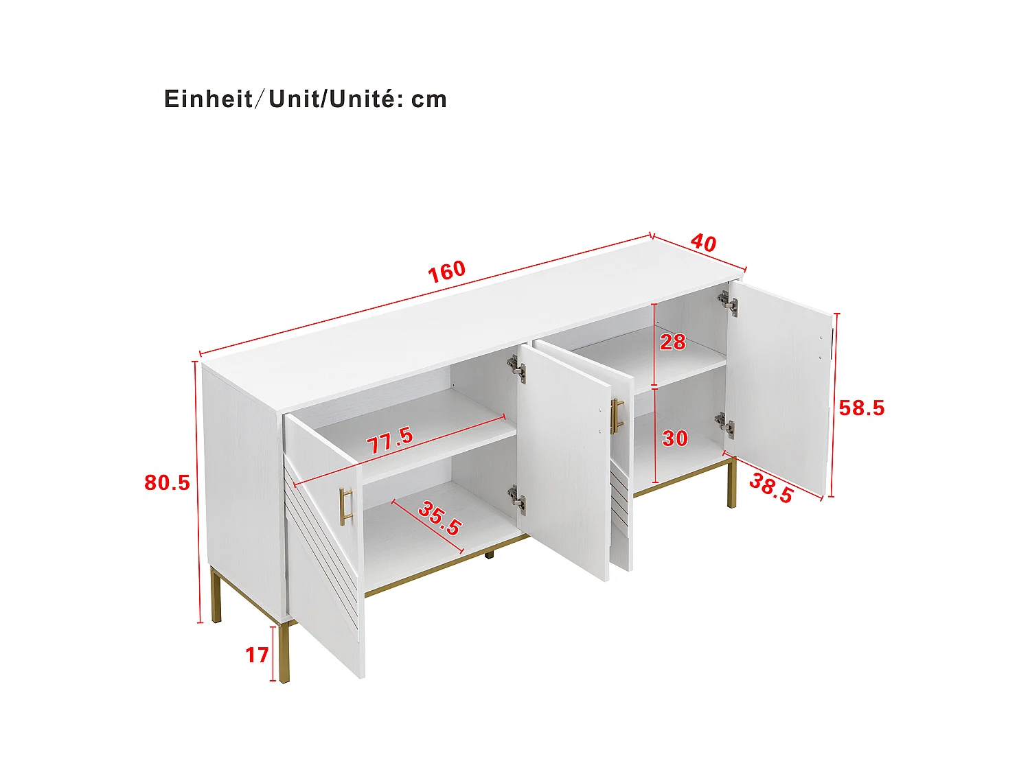 Credenza bianca con 4 ante, gambe dorate, MDF + metallo