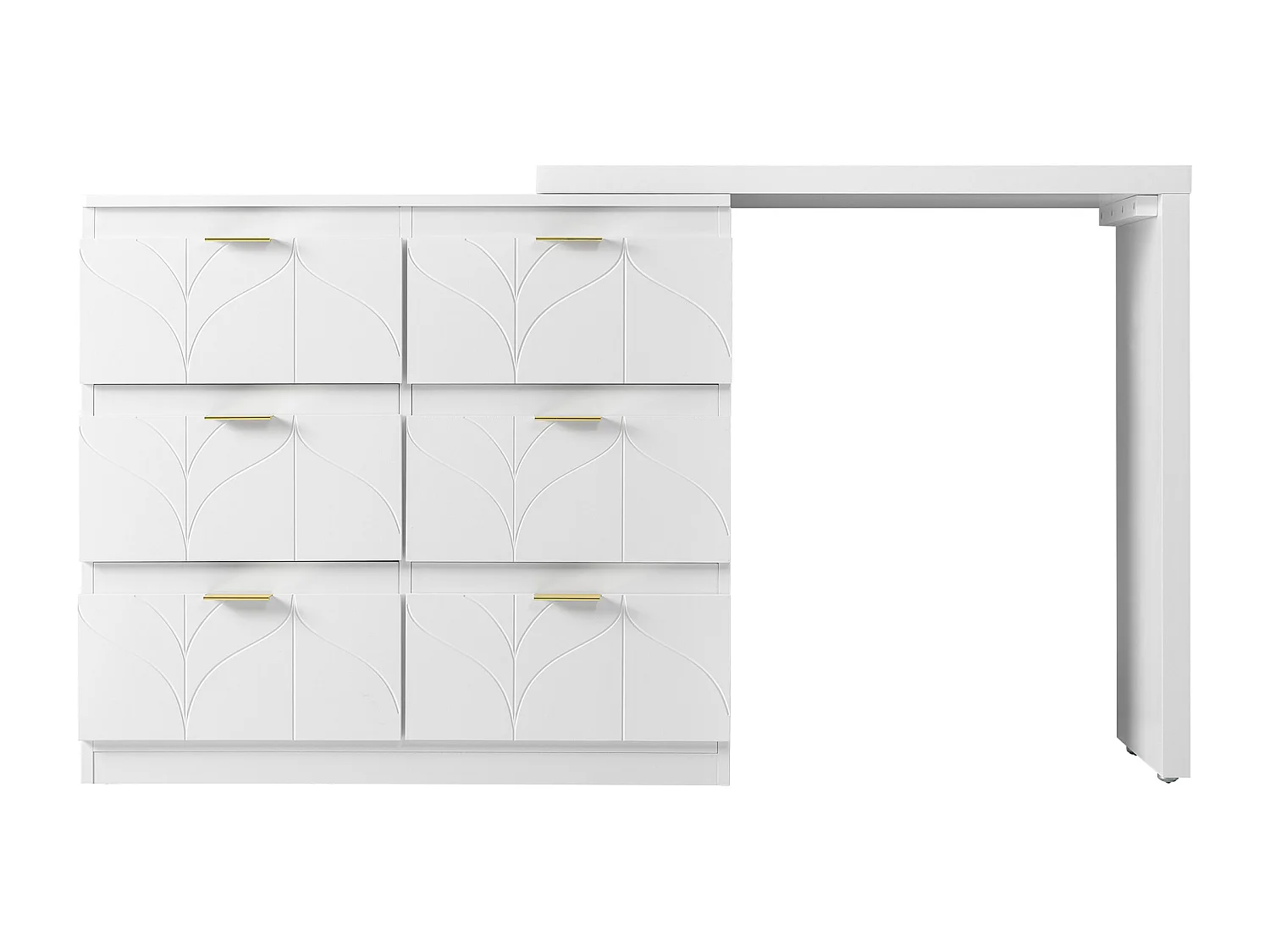 Coiffeuse blanche avec 6 tiroirs et table pivotante, poignées dorées, sans miroir