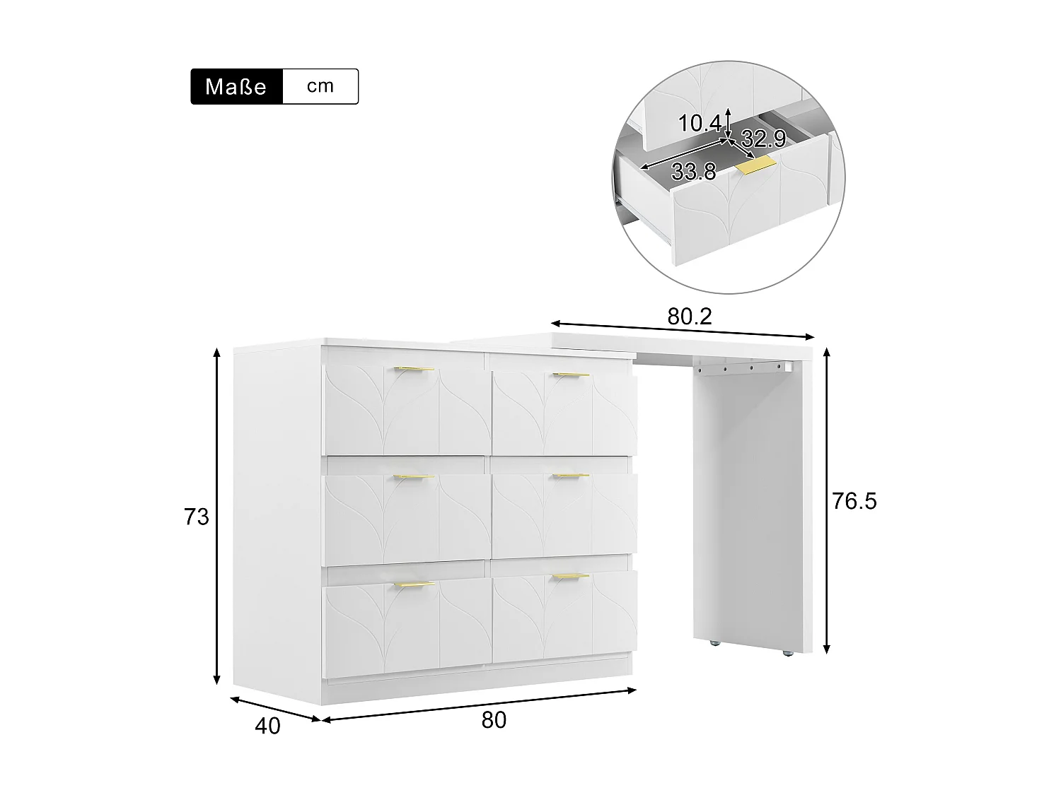 Coiffeuse blanche avec 6 tiroirs et table pivotante, poignées dorées, sans miroir
