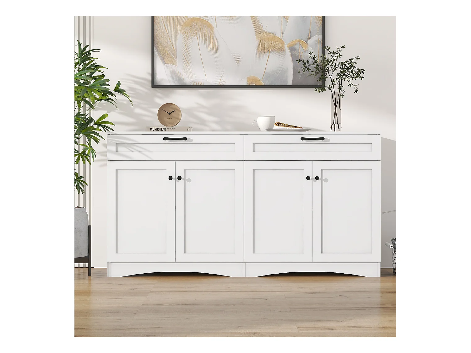 Credenza bianca con 4 ante e 2 cassetti, maniglie nere, design curvo