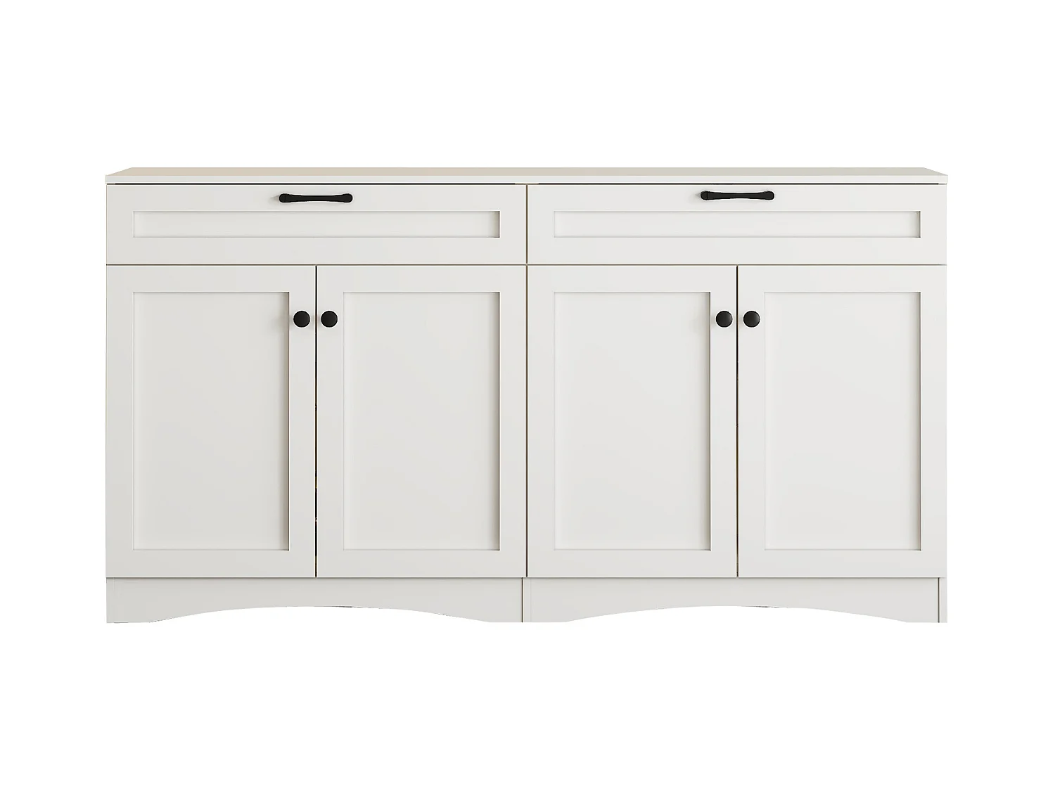 Credenza bianca con 4 ante e 2 cassetti, maniglie nere, design curvo