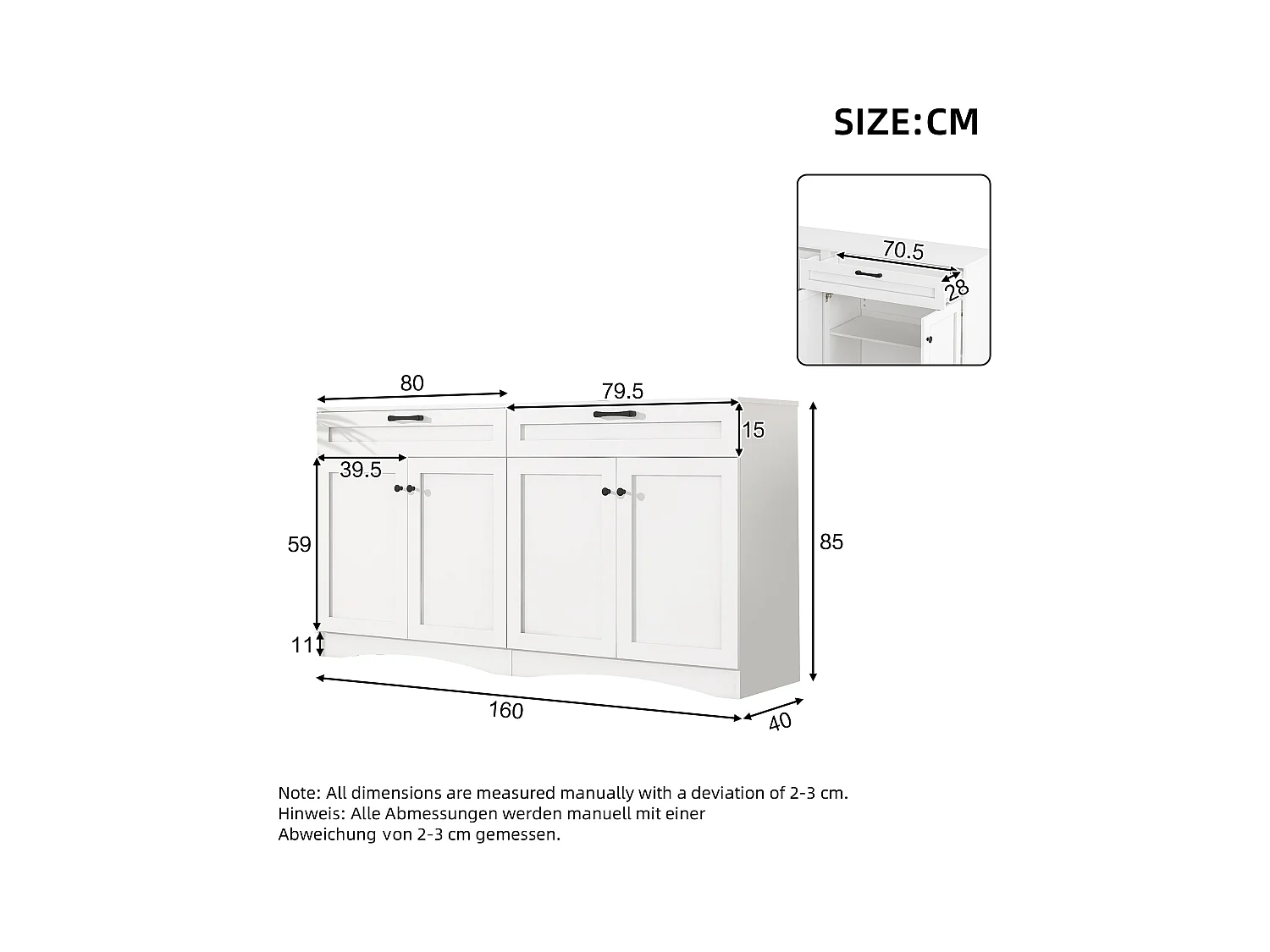 Credenza bianca con 4 ante e 2 cassetti, maniglie nere, design curvo