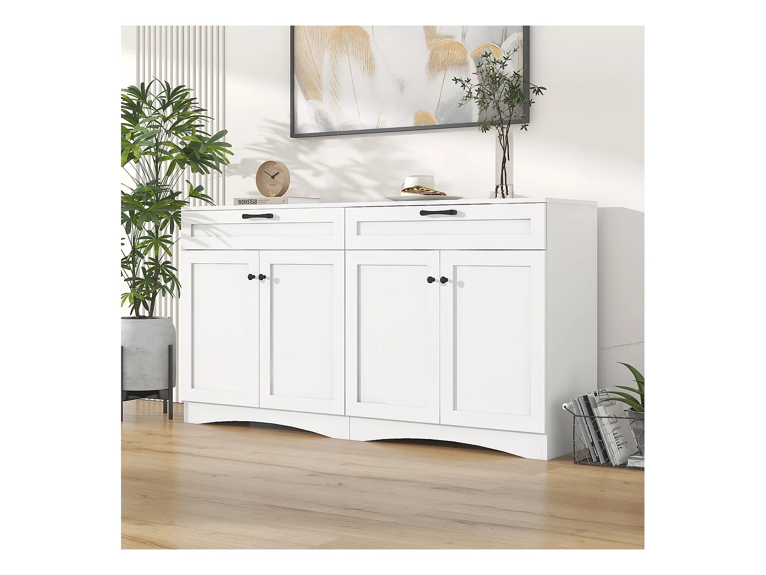 Credenza bianca con 4 ante e 2 cassetti, maniglie nere, design curvo