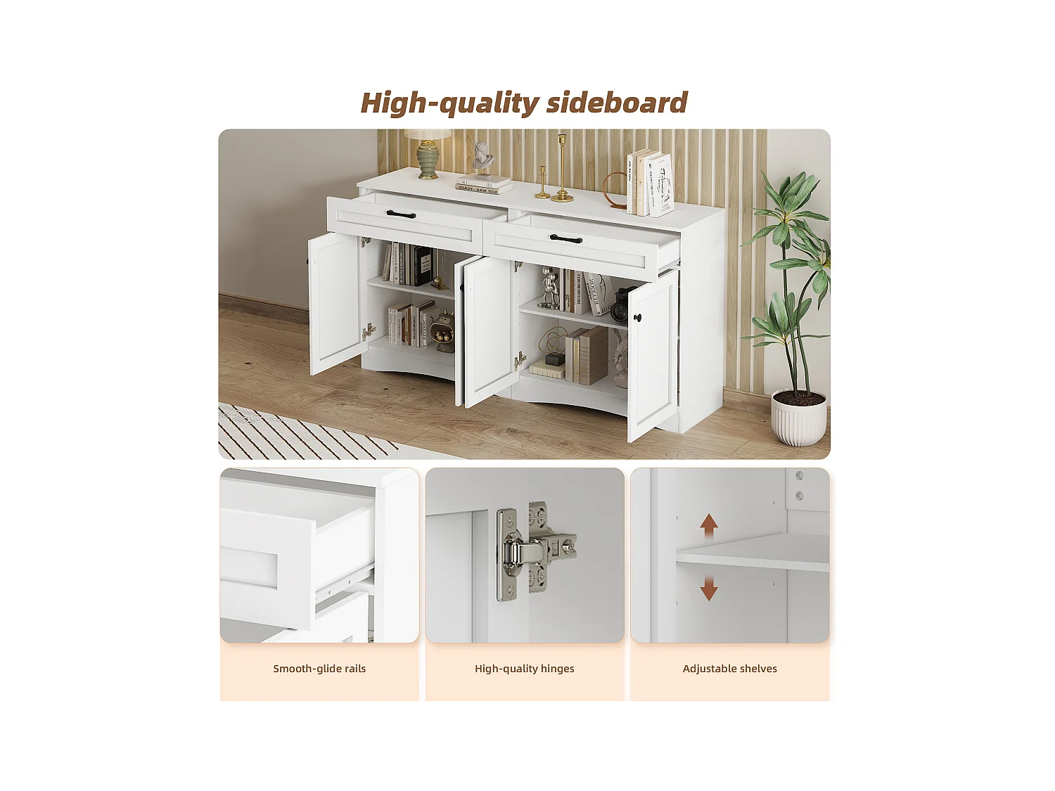 Credenza bianca con 4 ante e 2 cassetti, maniglie nere, design curvo