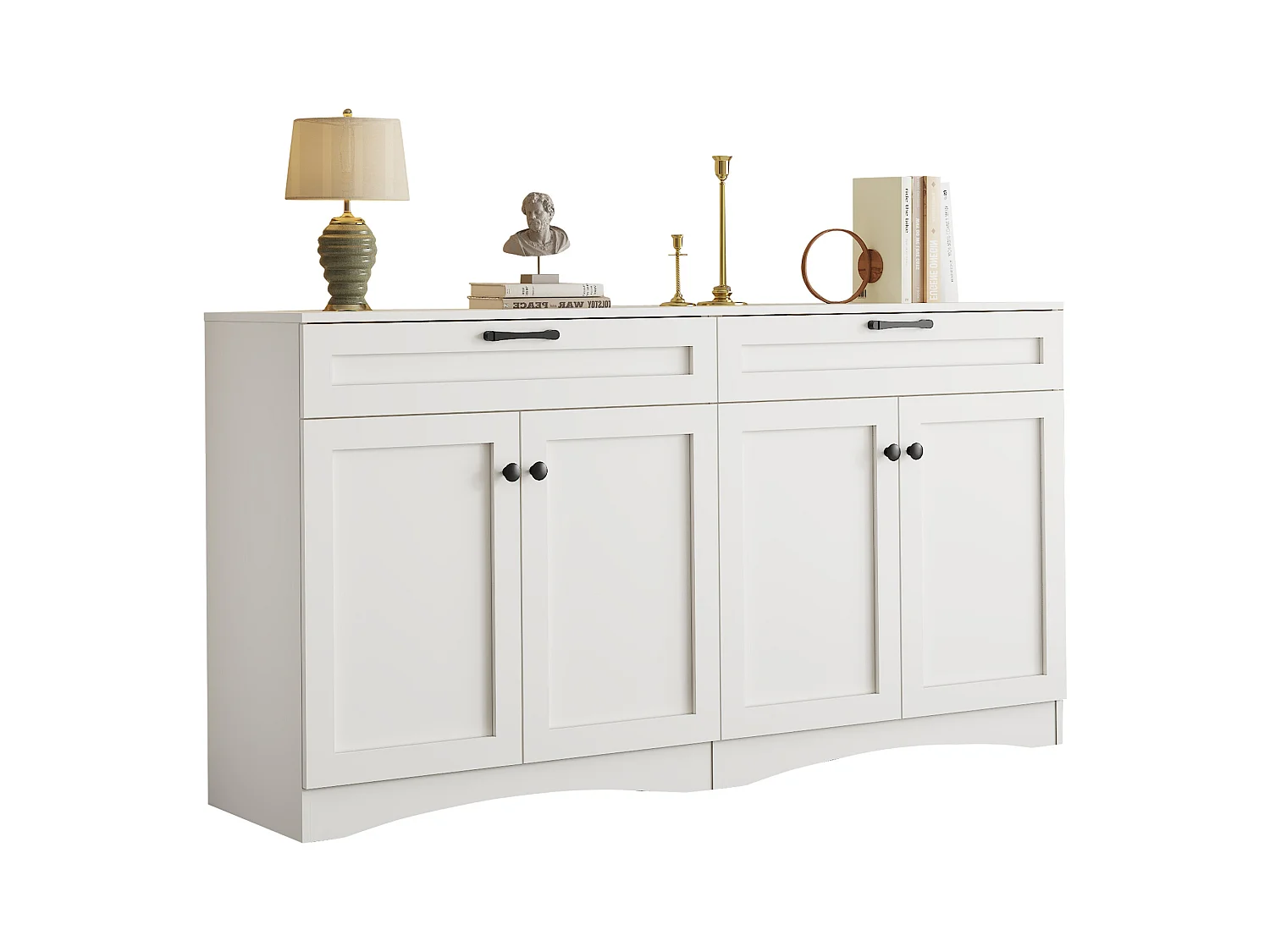 Credenza bianca con 4 ante e 2 cassetti, maniglie nere, design curvo