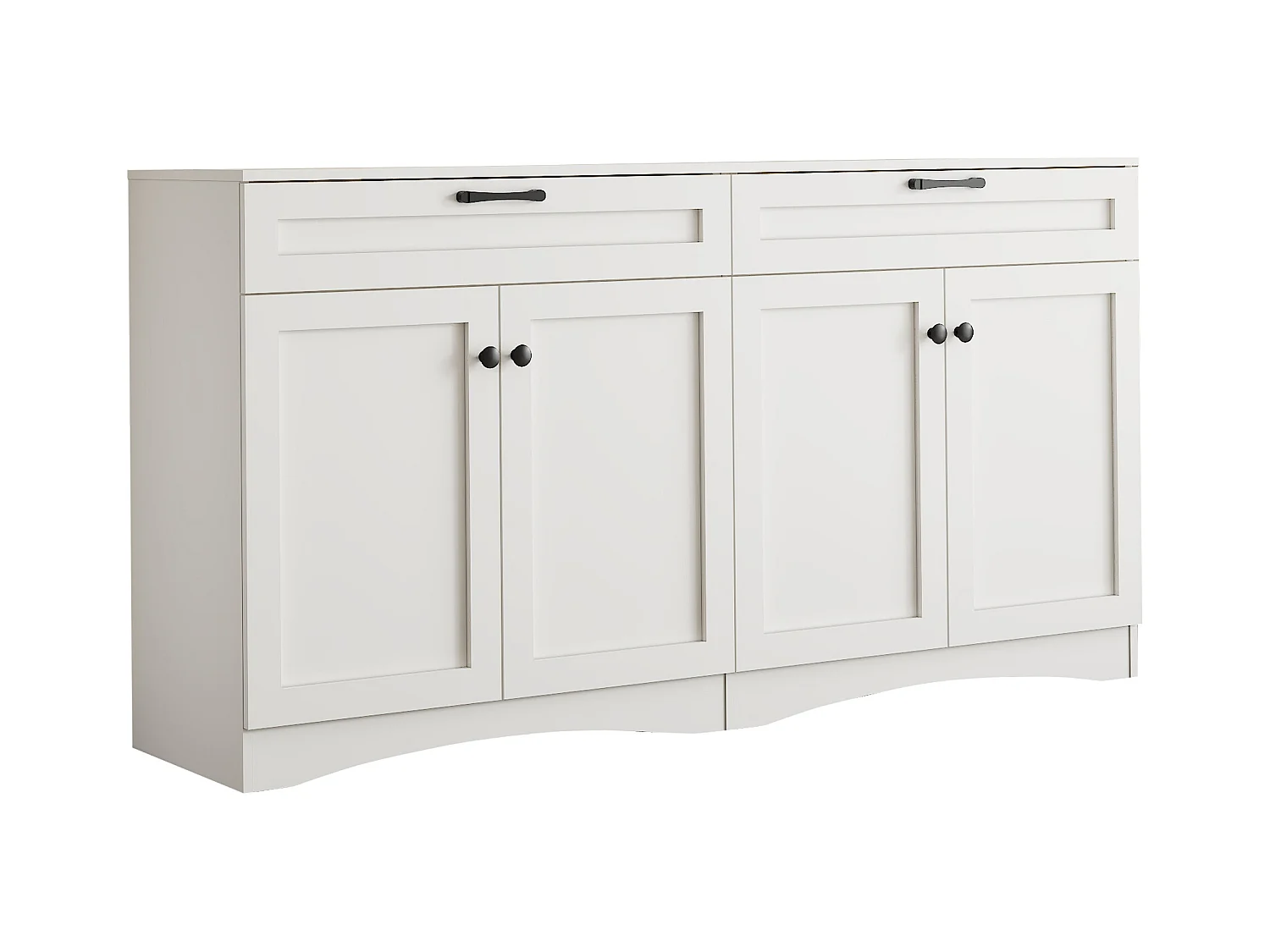 Credenza bianca con 4 ante e 2 cassetti, maniglie nere, design curvo