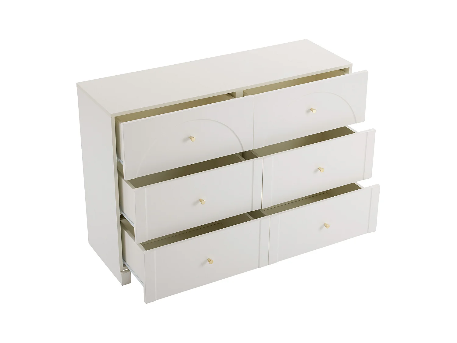 Commode blanche avec 6 tiroirs, poignées dorées , arches courbes
