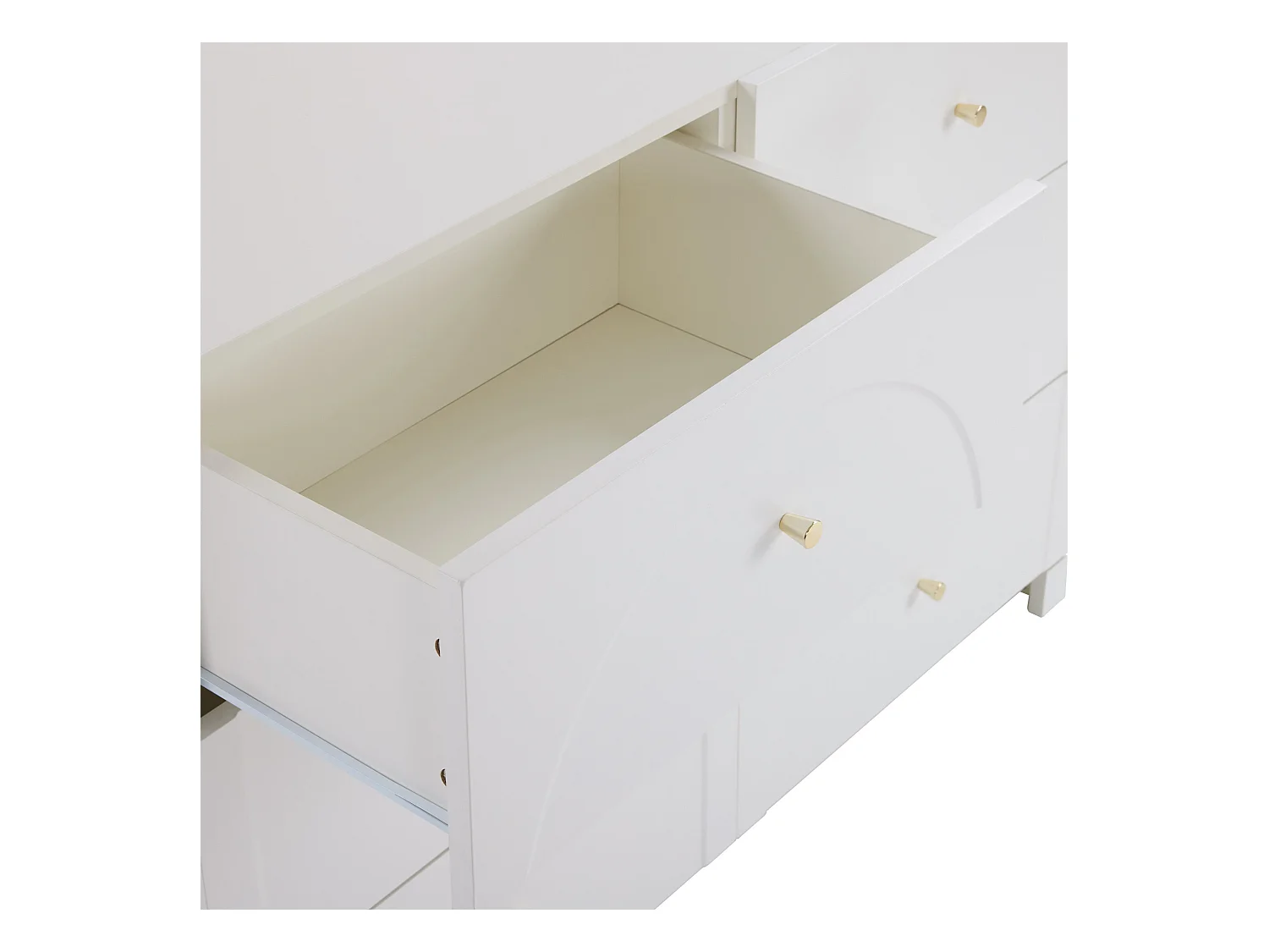 Commode blanche avec 6 tiroirs, poignées dorées , arches courbes