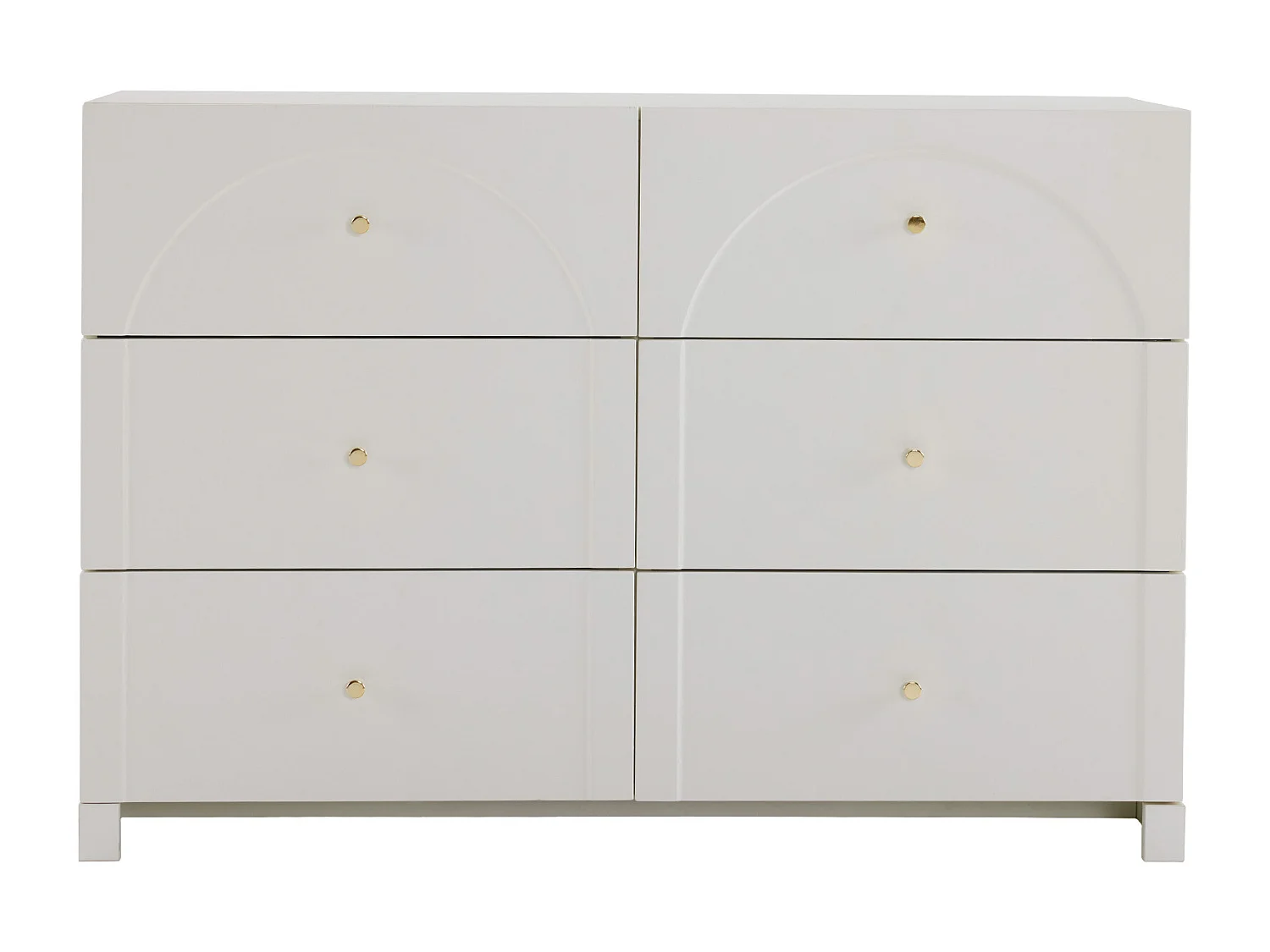Commode blanche avec 6 tiroirs, poignées dorées , arches courbes