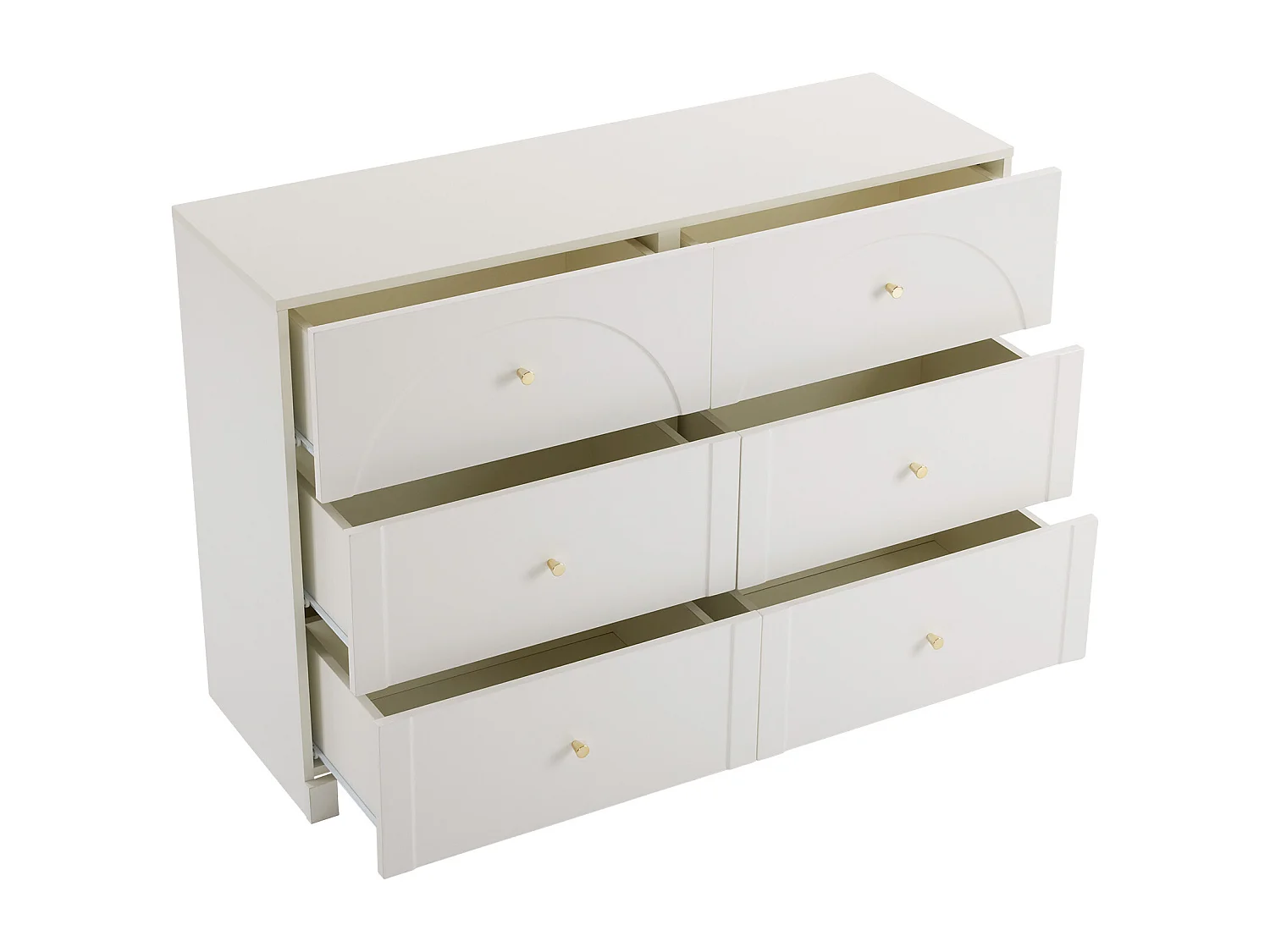 Commode blanche avec 6 tiroirs, poignées dorées , arches courbes