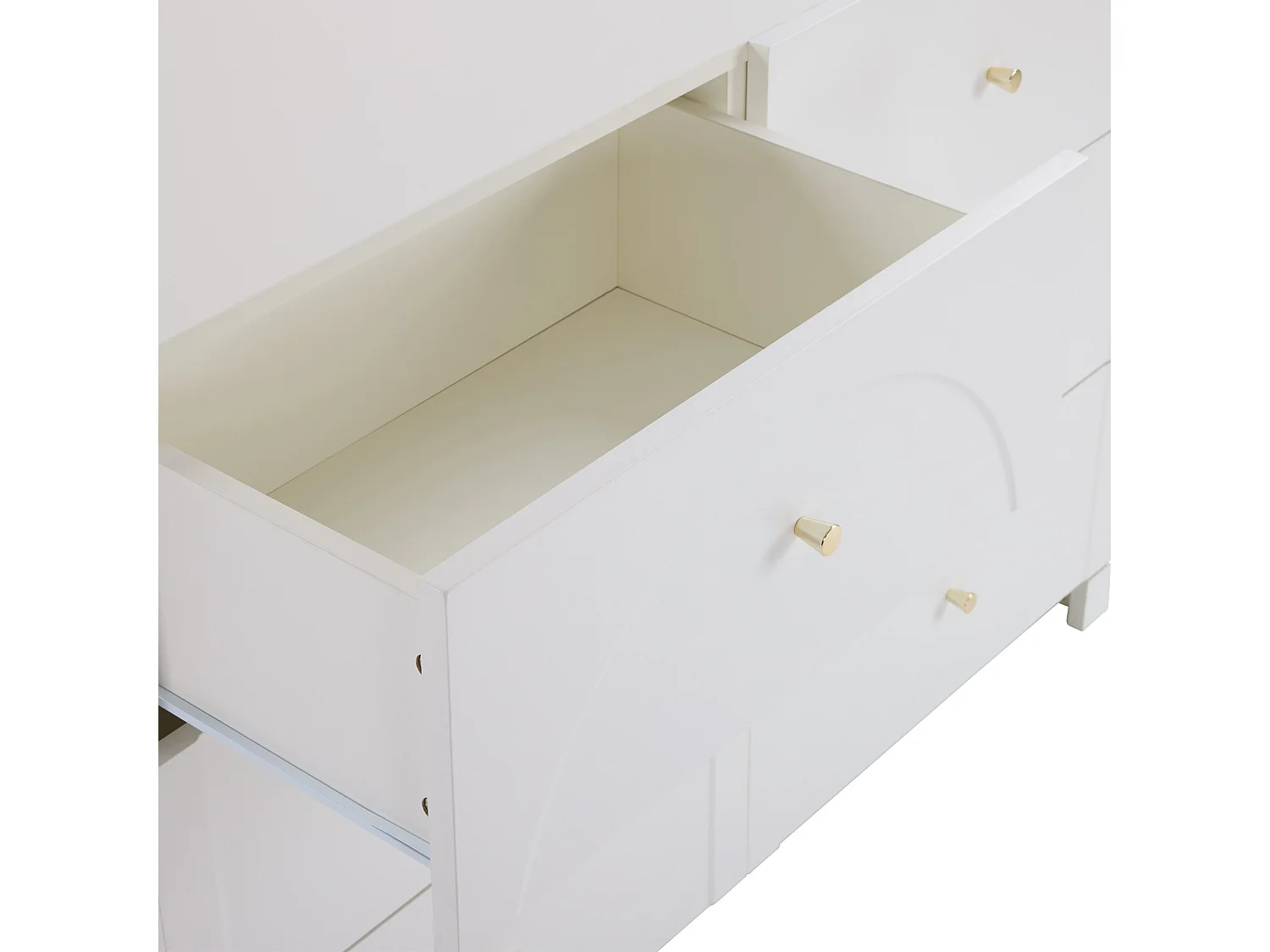 Commode blanche avec 6 tiroirs, poignées dorées , arches courbes