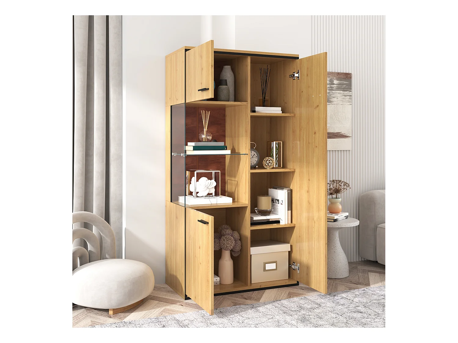 Vitrine couleur naturelle avec 3 portes, éclairage LED et étagères en verre, MDF