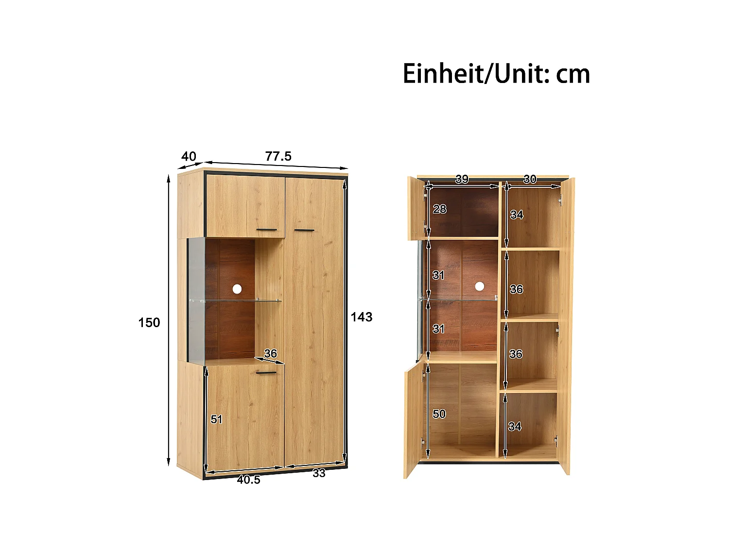 Vitrine couleur naturelle avec 3 portes, éclairage LED et étagères en verre, MDF