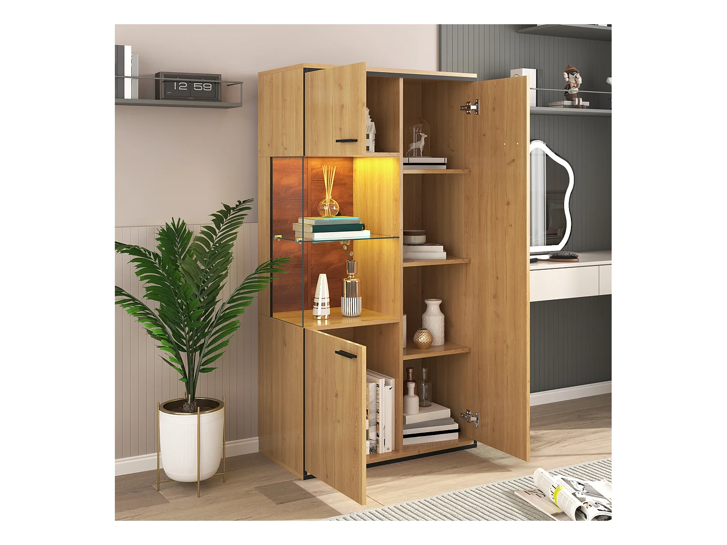 Vitrine couleur naturelle avec 3 portes, éclairage LED et étagères en verre, MDF